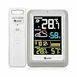 U UNNI Funk Wetterstation mit Außensensor Batterien oder USB betrieben, Wettervorhersage Funkwetterstation 100M/330FT, °C/°F & 3 Helligkeitsstufen Einstellung