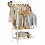 SONGMICS Kleiderständer, Garderobenständer aus Metall, mit 2 Kleiderstangen, 2 Ablagen, bis 70 kg belastbar, einfache Montage, weiß RDR02WT