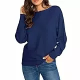 Ckikiou Süßer Damen-Pullover für Frühling, Herbst, U-Boot-Ausschnitt, Fledermausärmel, weicher Strickpullover für Damen, lässig, locker, langärmelig, gerippt, Dunkelblau, X-Groß