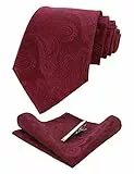 JEMYGINS Graziös Paisley Elegant Herren Krawatte und Einstecktuch mit krawattenklammer Sets (Dunkelrot2)