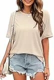 VEUNCOS Damen Sommer Tops Dressy Casual Kurzarm Lockere Einfarbige Oversized Tshirts Creme M