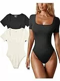 OQQ Damen 2 Stück Bodys Sexy Gerippt Einteiler Quadratischer Ausschnitt Kurzarm Bodys Schwarz Beige