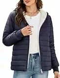 CMTOP Winterjacke Damen Leichte Kurze Steppmantel Warme Fleece Gefüttert Steppjacke, Wasserabweisend Damen-Jacken Elegant Parka Pufferjacke mit Kapuze und Taschen(Marineblau,XL)