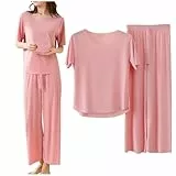 Generisch Schlafanzug Damen Baumwolle Kurzarm, Pyjama Damen Set 2Teilig Nachthemden Große Größen Zweiteiliger Einfarbig Loungewear Lang Hose Rundhals Homewear Casual Hausanzug Leichte Dünne Sleepwear