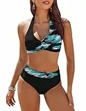 AI'MAGE Damen Bikini Set Zweiteiliger Badeanzug Bauchweg High Waist Bademode Bikini Sets, Blau-Schwarz, M