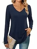 Beluring Tshirt Damen Elegant Langarm Tunika Oberteile V-Ausschnitt Longshirt Marineblau XXL
