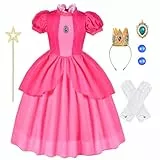 Aomig Prinzessin Peach Kostüm, 6-Teiliges Rosa Peach Kostüm Prinzessinnenkostüm mit Krone, Ohrringen, Handschuhen, Brosche und Zauberstab, Geeignet für Princess Peach Showtime an Halloween(110)