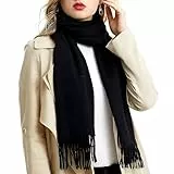 Figarge Damen Winterschal Warm Schwarz Unifarben Baumwolle mit Quasten Pashmina Schals und Wraps Winter Wollschal Warmes Feinstrick Winter Schal und Tücher für Abendkleid