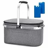 ALLCAMP Groß Faltbar Isoliert Kühltasche - Einkaufskorb Thermo Mit Deckel, Abnehmbarer Picknickkorb 2 Personen, Aluminiumrahmen Kühlkorb, Verdicken Thermokorb - Mit 2 Kühlakkus