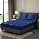 Luowei Satin Spannbettlaken Boxspringbett 90x200cm Sommer Bettlaken Dunkelblau Seidig Seide Kühlend Microfaser Spannbetttuch 90x200 Weich Maschinenwaschbar für Hohe Matratze bis 25-30 cm