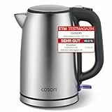 COSORI Wasserkocher Edelstahl, BPA frei, 1,7 L, Strix-Technologie, kocht in 3 Minuten, 2200W, Große Öffnung, Trockengehschutz, 360° drehbarer Sockel, Silber-schwarz