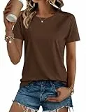 Aottori T-Shirt Damen Rundhals Sommer Oberteile Tshirt Kurzarm Basic Tops Elegant Locker Tee Shirts Einfarbig Braun S