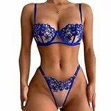 MIZSPISE Sexy Damen Dessous Set Sexy Frauen BH + Slip UnterwäSche Set 2 PC Reizwäsche Set Flirty Negligees Dessous Set Spitzen Push Up BH Unterhose Nachtwäsche Lingerie Outfit (Blue, M)