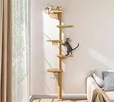 Wandmontierter Kratzenbaum Hoch 210cm, Katzenkratzbaum Wand 5 Etagen aus Natürliches Holz mit Sanftem Braunem Plüschstoff, Kratzbaum für Katzen zum Klettern, Kratzen und Spielen
