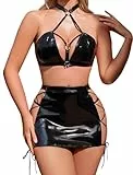 ADSEXY Dessous Damen Sexy Unterwäsche Set Wetlook Lackleder Reizwäsche Set Verstellbarer Büstenhalter Unten Seite Hollow Out BH+Rock+Tanga 3 Stück Set Lingerie