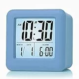 Plumeet Digitaler Reisewecker, Einfach Einzustellen, mit Schlummermodus, Weichem Nachtlicht, Großem Zeit-, Monats-, Datums- und Alarm-Display, Ansteigendem Soundalarm, Handgerät-Größe (Hellblau)