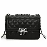 JANSBEN Handtasche Damen Klein - Kleine Umhängetasche Leder Crossbody Bag mit Kettenriemen Gesteppte Mehrere Fächer Tasche Schwarz