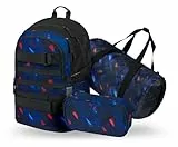 Baagl Schulrucksack Set Jungen 3 Teilig (Skateboard Rucksack, Mäppchen, Sporttasche), Schultasche ab 3. Klasse, Grundschule Ranzen mit Brustgurt, Ergonomischer Schulranzen, 25 l (Indigo)