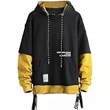 Moshtashio Kapuzenpullover für Herren, Patchwork Hoodie mit Kontrastfarbe Langarm Basic Sweatshirt Pullover mit Kapuze(Gelb,L)