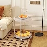 GOLDFAN Beistelltisch Rund, Moderner Sofatisch mit Rollen und Zuglaschen, Mobiler Kaffeetisch, Couchtisch klein, Telefontisch, 2 Tier Kleiner Tisch für Wohnzimmer, Schlafzimmer, Büro, Grau 40x40x69cm