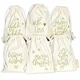 Papierdrachen Geschenkverpackung Weihnachten 2025 - Stoffbeutel 6er Set - 13x18 cm - beige - mit Stickerei in gold - wiederverwendbar zum Befüllen