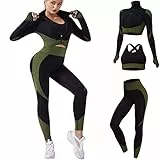 Veriliss Damen 3teiliger Gym Trainingsanzug Nahtlose Laufbekleidung Fitness Kleidung Jogginganzug Reißverschluss Kapuzen Tennis Laufen Set (SchwarzGrün,L)