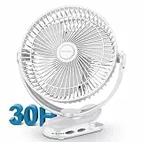 BIVBTP 20cm Tragbarer Clip-On-Ventilator, 10000mAh Akku-Ventilator mit Clip für Kinderwagen, 720 Grad Drehung, 4 Geschwindigkeiten, USB-Tischventilator für Büro, Reisen im Freien, Camping(Weiß)