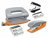 Leitz 5507 Stanz- und Lochgerät Bundle inkl. Aufbewahrungsklammern und Klammerentferner Komplettset (grau/orange)