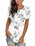WNEEDU Tshirt Damen Sommer Kurzarm T-shirt Rundhals Tops Oberteile lässig Bluse Blumenweiß M