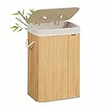SONGMICS Wäschekorb mit Deckel, 72 Liter, Wäschesammler aus Bambus, faltbar, Wäschesack herausnehmbar und maschinenwaschbar, mit Griffen, für Waschküche, Schlafzimmer, naturfarben LCB10Y