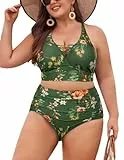 Hanna Nikole Damen Große Größen Push Up Bikini Sets Hoher Taille Badeanzüge Grüne Basis und rote Blume 42