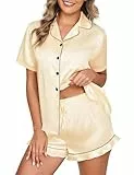 Niwicee Satin Schlafanzug Damen mit Knopfleiste Kurz Nachtwäsche Pyjamas Set Zweiteiliger Nachtwäsche Hausanzug PJs V-Ausschnitt Loungewear (Champagner,S)