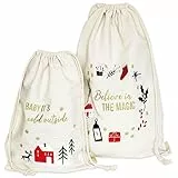 Papierdrachen Geschenkverpackung Weihnachten 2025 - Stoffbeutel - Set - 2 Größen - beige - mit bunter Stickerei - wiederverwendbar zum Befüllen