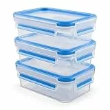 EMSA Clip & Close Frischhaltedosen-Set, rechteckig, 3 x 0,55 L, Aufbewahrungsboxen, 100 Prozent dicht, spülmaschinen-, gefrier-, mikrowellenfest, Transparent, Blau, Made in Germany, N10312