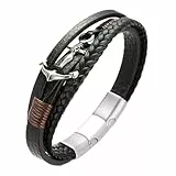 Halukakah Plus ● Segeln ● Herren-Armband Handgefertigt | Echtleder Schwarz | Magnetverschluss Edelstahl | Wickelarmband 3 Runde | Titan Anker | KOSTENLOS Geschenkbox | Größe Einstellbar 21.5cm-23cm