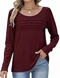 CMTOP Langarmshirt Damen Rundhals Thermo Oberteil Herbst Winter Lässig Locker Langarm Pullover Top Elegant Warme Longsleeve T Shirt Puffärmel Plissee Tunika Shirt