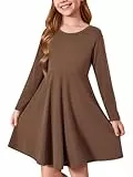 Haloumoning Mädchen Kleid Rundhals Langarm Kleider Kinder Einfarbig A-Linie Freizeitkleid Elegant Lässige Partykleider 5-14 Jahre, Braun, 11-12 Jahre