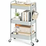 KINGRACK Rollwagen mit 3 Ebenen, Metallwagen mit abnehmbarem Holztablett, Aufbewahrung, Kunstwagen, Trolley, Organizer, Servierwagen, einfache Montage