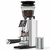 AMZCHEF Elektrische Kaffeemühle mit 45 Mahlgraden, Espresso-Mühle mit höhenverstellbarem Siebträgerstand, LED-Touchpanel, Anti-Statik-Design und Speicherfunktion–Edelstahl-Kaffeemühle für Siebträger