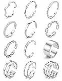 JeweBella 12 Stück Ringe Gold Silber Wasserfest Ring Damen Edelstahl 18K Vergoldete Trendy Stapelbare Offene Ringe Set Frauen Verstellbar Daumenring Fingerring Stapelringe Damen Schmuck