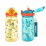 wooshwa Trinkflasche Kinder, Auslaufsicher Einhandöffnung, Wasserflasche mit Strohhalm, Kindergarten Schule Sport Flasche für Jungen, BPA-frei Spülmaschinenfest 600ml, 2er Set, Dinosaurier & Bagger