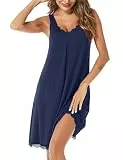 Uniexcosm Nachthemd Damen Ärmelloses Kurz Baumwolle Nachtkleid Spitze V-Ausschnitt Nachtwäsche Sexy rutschfeste Schultergurte Freizeitkleid Sleepwear Marineblau XL
