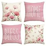 Artoid Mode Klatschmohn Blätter Frühling Kissenbezüge 4er Set, 45x45 cm Home Sweet Home Zierkissenbezug Cushion Cover Couch Wohnzimmer Deko