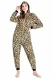 CityComfort Jumpsuit Damen Kuschelig Fleece Einteiler Schlafanzug Onesie Damen S-XL (Braun Leopard, M)
