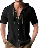 Ophestin Herren Kapuzen Shirt Kurzärmelig Button Down T Shirts Lässige Baumwolle Sommer Strand Hoodies Tops Schwarz XL