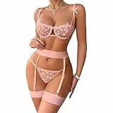 Satohom Damen Sexy Dessous-Set 4-teilig aus Herzstickerei Bügel BH und Höschen mit Strumpfhalter Beinringe Unterwäsche Set Frecher Halbe Tasse BH Transparent Floral Tanga Reizwäsche, S-XL