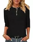 WNEEDU T-Shirt Damen 3/4 Arm Bluse - Henley Shirt Rundhals Tshirt Leichte Pullover Lässig Tops Basic Ganzjahres Oberteile mit Knöpfe Schwarz XL