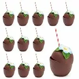 THE TWIDDLERS 12 Mehrweg Kokosnuss Becher 470 ml mit Blumen & Papierstrohhalmen – Tiki Cocktail Becher aus Kunststoff für Hawaii Party Deko, Poolparty, Strandparty, Luau, Sommerfest & Geburtstag