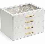 Vlando Schmuckkästchen Groß, Schmuckkasten mit 4 Ebenen, Schmuck Organizer mit Glasdeckel, 4 Schubladen,für Halsketten, Ohrringe, Uhren, Armbänder, Schmuckaufbewahrung, Modern, Cinderella Plus, Weiß