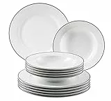 Mäser, Serie Nola, Tafelservice 6 Personen modern, Weiß mit Schwarzem Rand - 12-teiliges Teller Set mit Speiseteller & Suppenteller - Rundes Geschirrset, Essgeschirr, Tafelgeschirr; Weiß